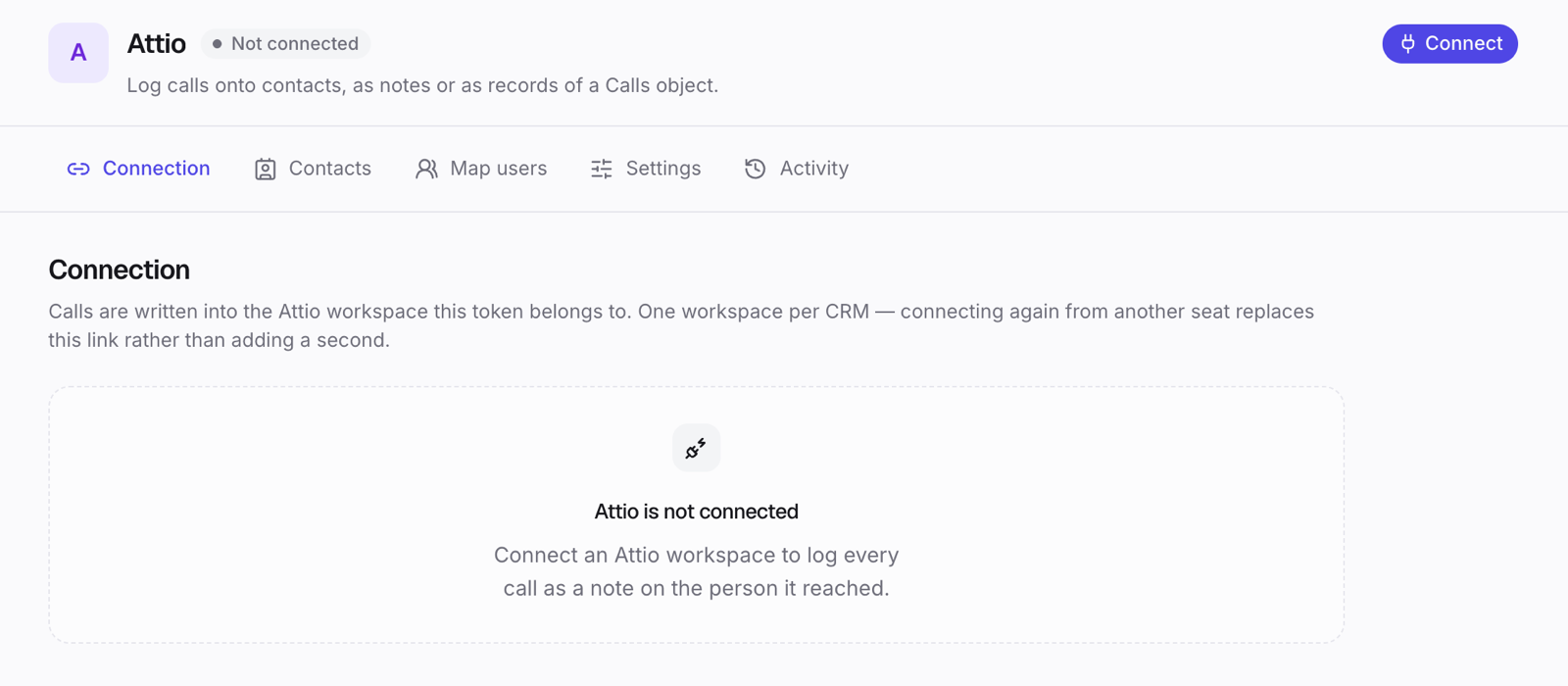 Attio before it is connected: click Connect.
