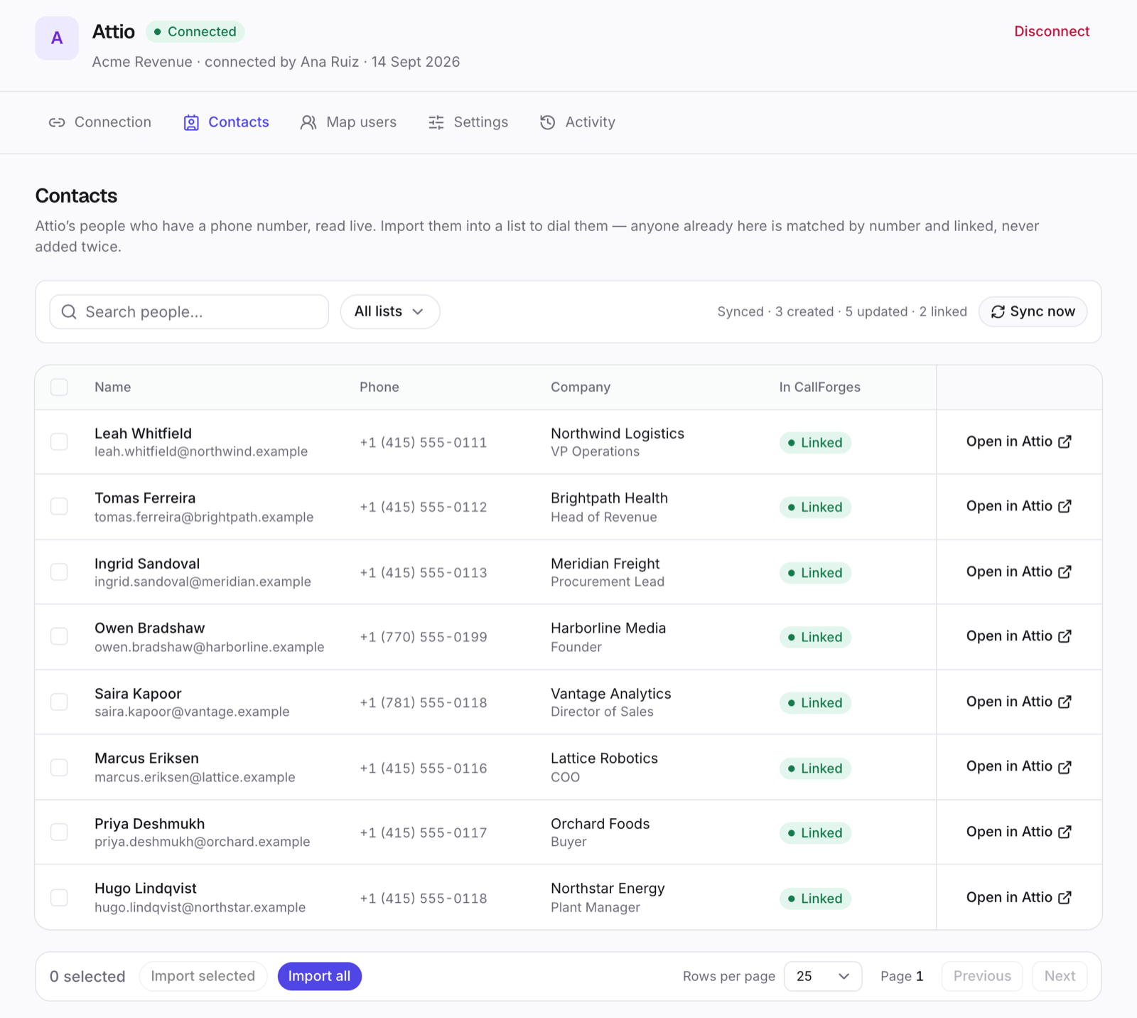 The Contacts tab: your Attio people with a phone number, ready to import.
