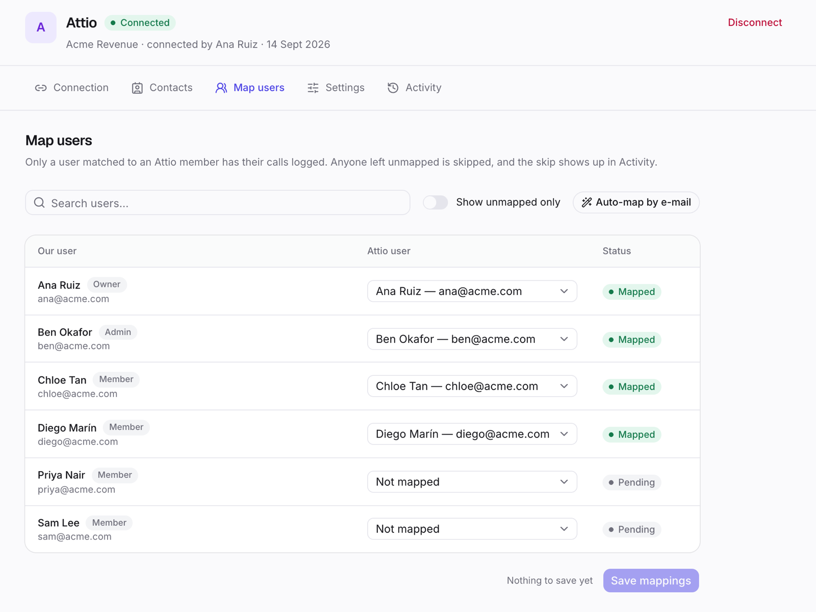 Map users: match each CallForges user to their Attio member.