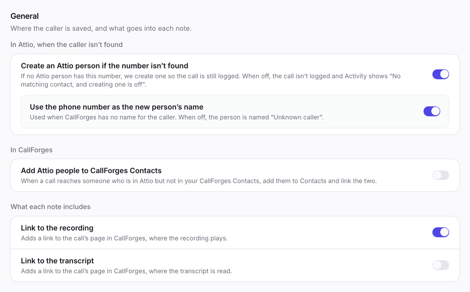 Settings → General: unknown numbers, Contacts and what each entry includes.