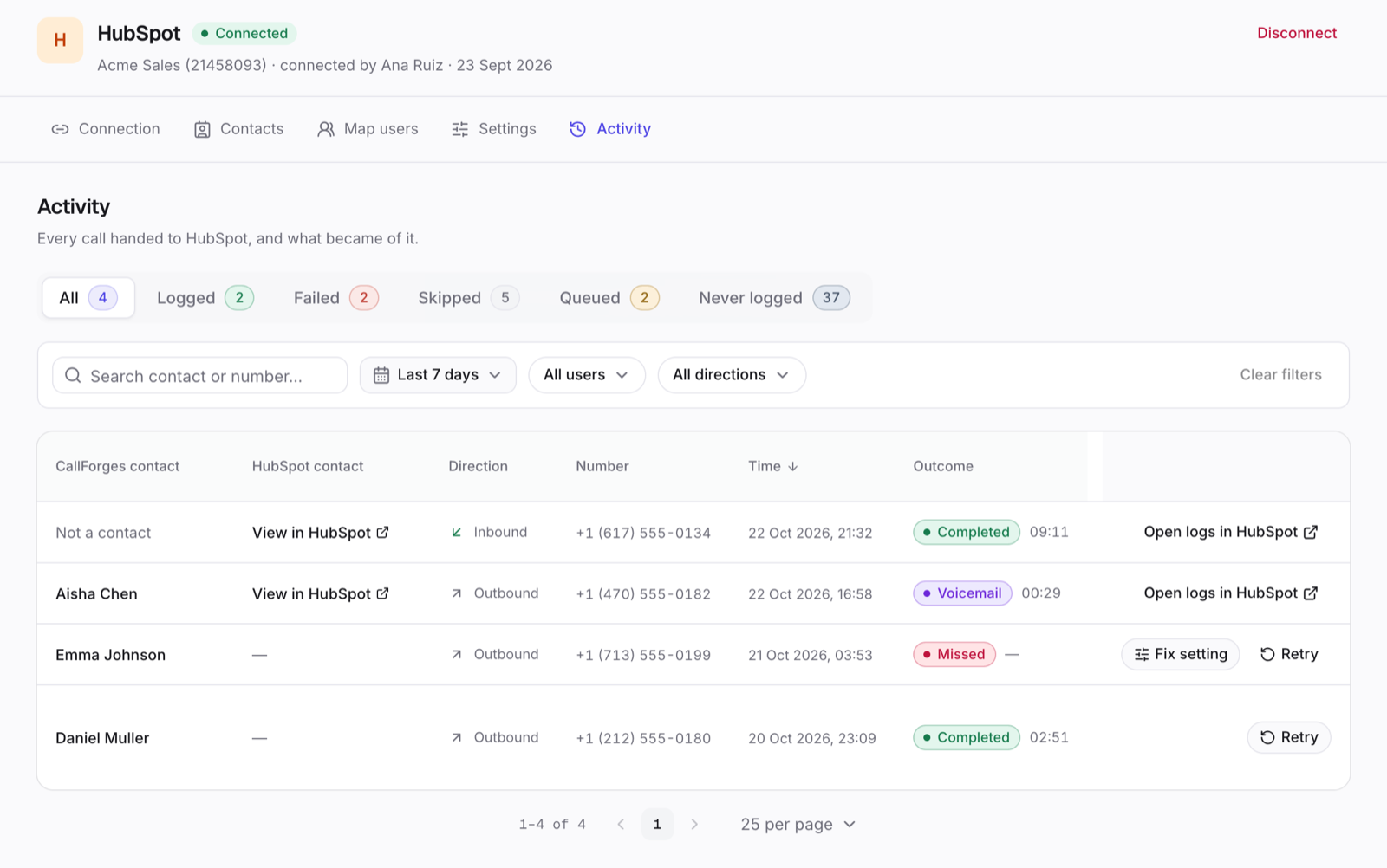 Activity: what happened to each call in HubSpot.