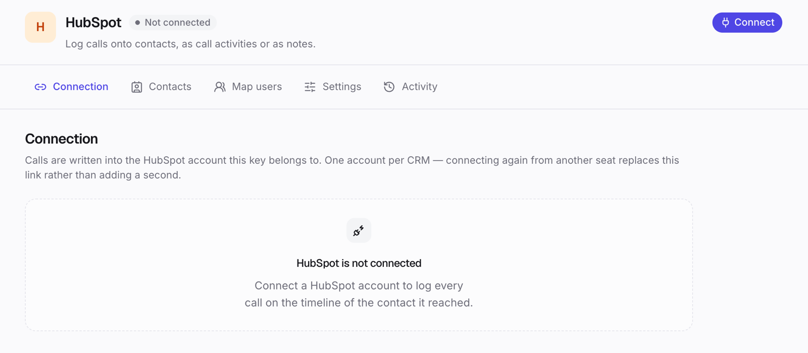 HubSpot before it is connected: click Connect.