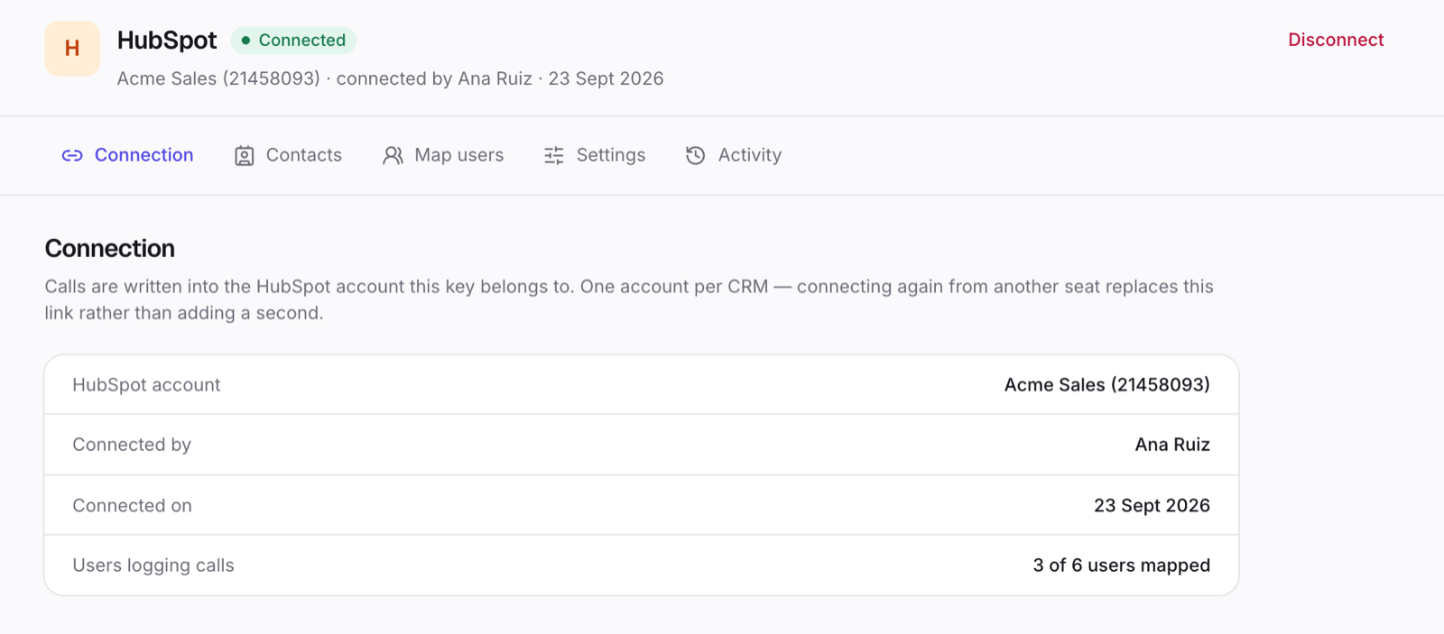 The Connection tab after connecting HubSpot.