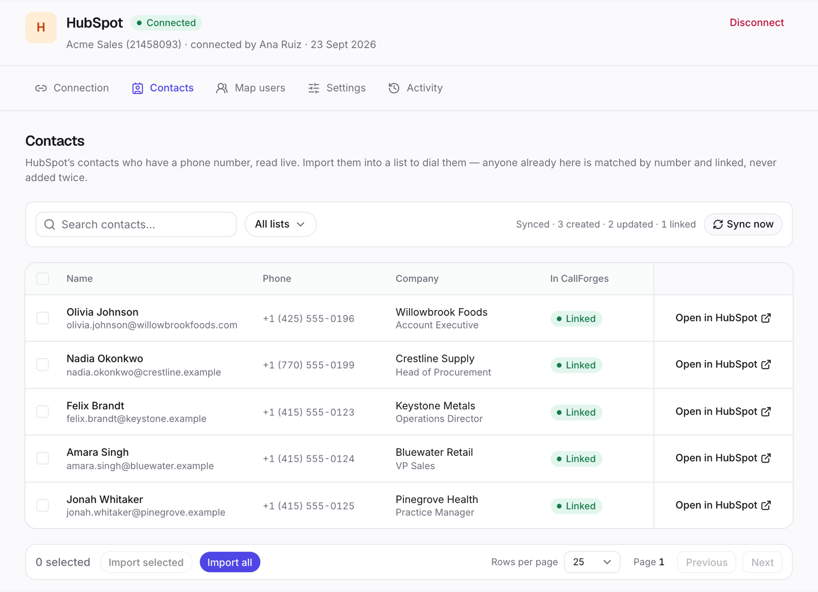 The Contacts tab: your HubSpot contacts with a phone number, ready to import.