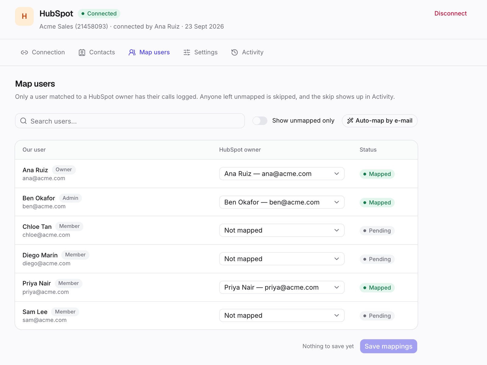 Map users: match each CallForges user to their HubSpot owner.