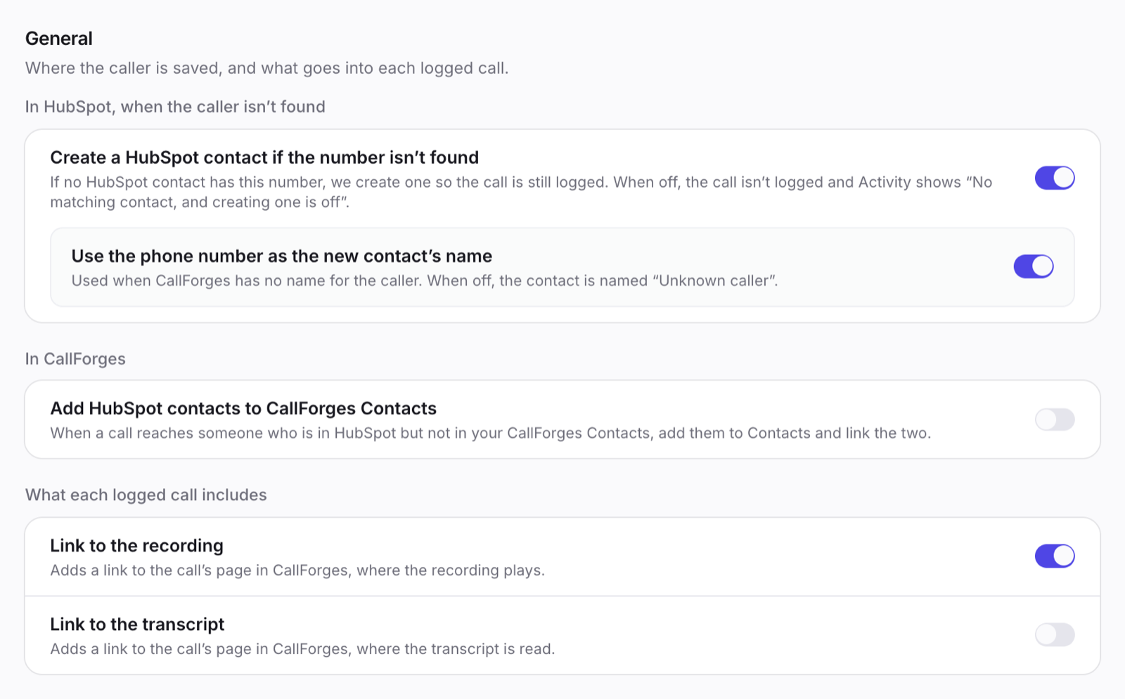 Settings → General: unknown numbers, Contacts and what each entry includes.