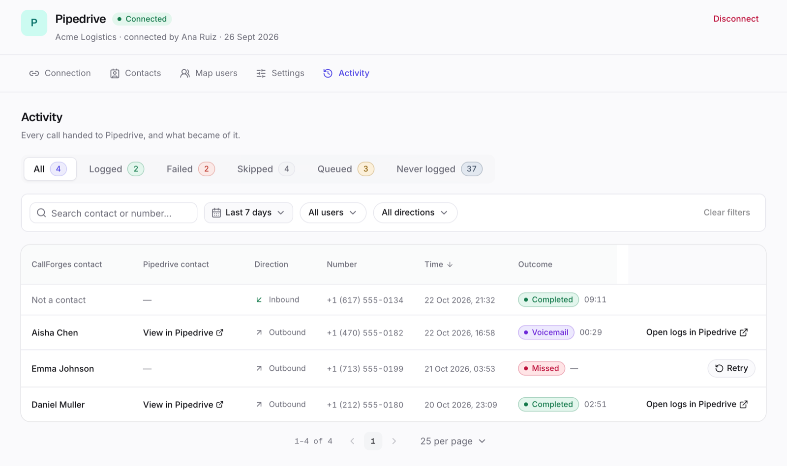 Activity: what happened to each call in Pipedrive.