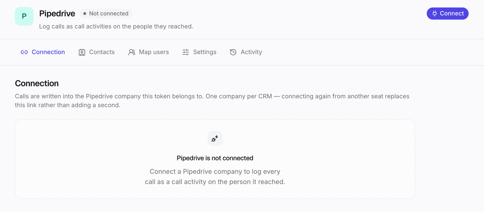 Pipedrive before it is connected: click Connect.