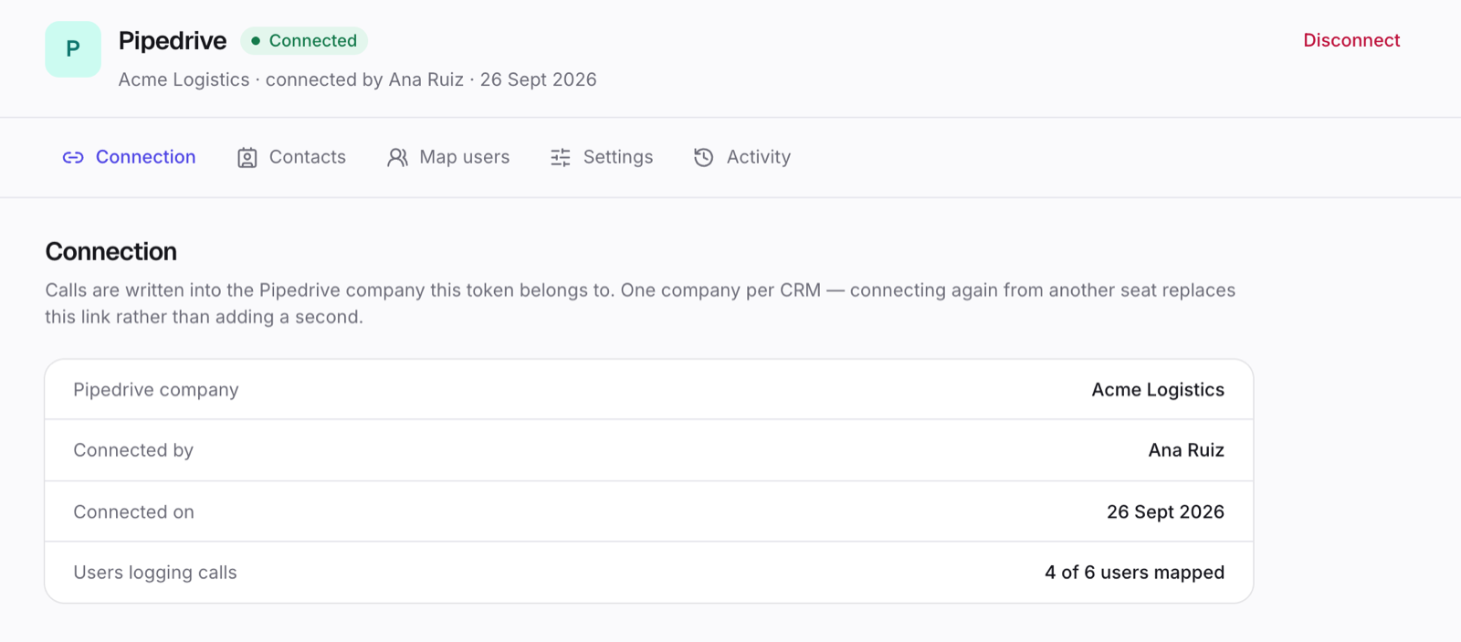 The Connection tab after connecting Pipedrive.