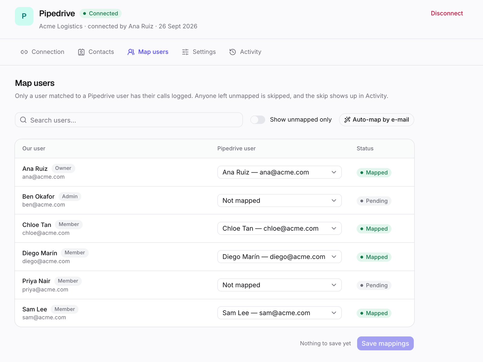 Map users: match each CallForges user to their Pipedrive user.