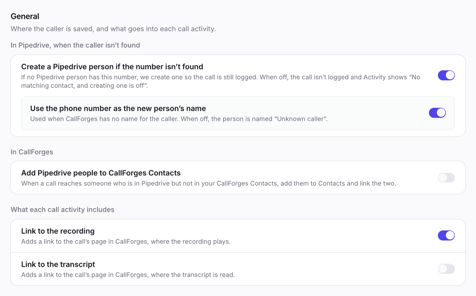 Settings → General: unknown numbers, Contacts and what each entry includes.